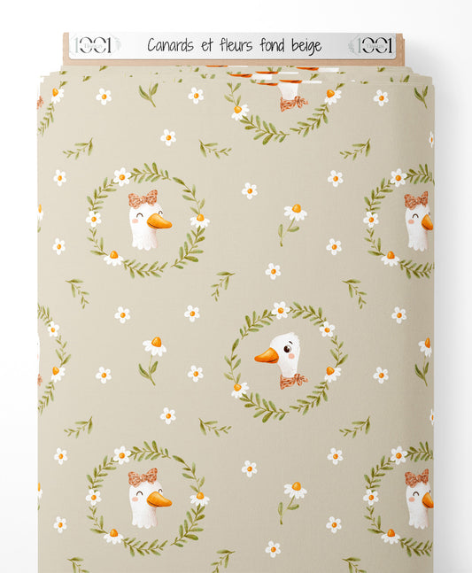 Tissu - Canards et fleurs sur fond beige