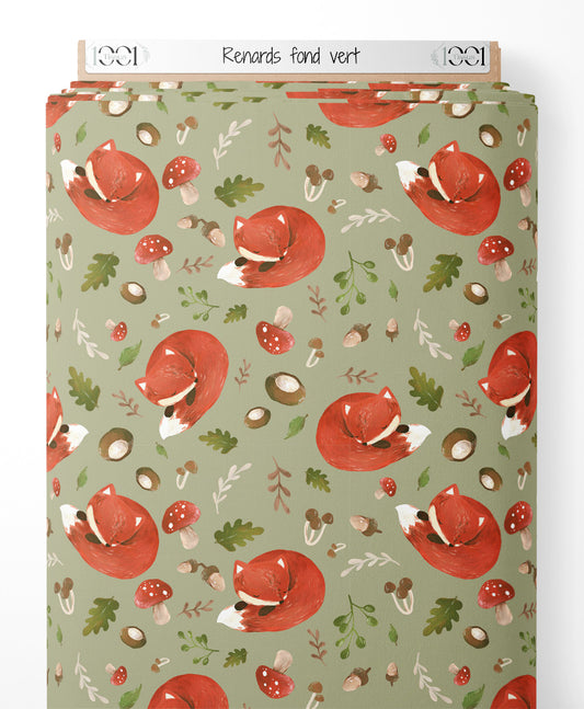 Tissu - Renards sur fond vert