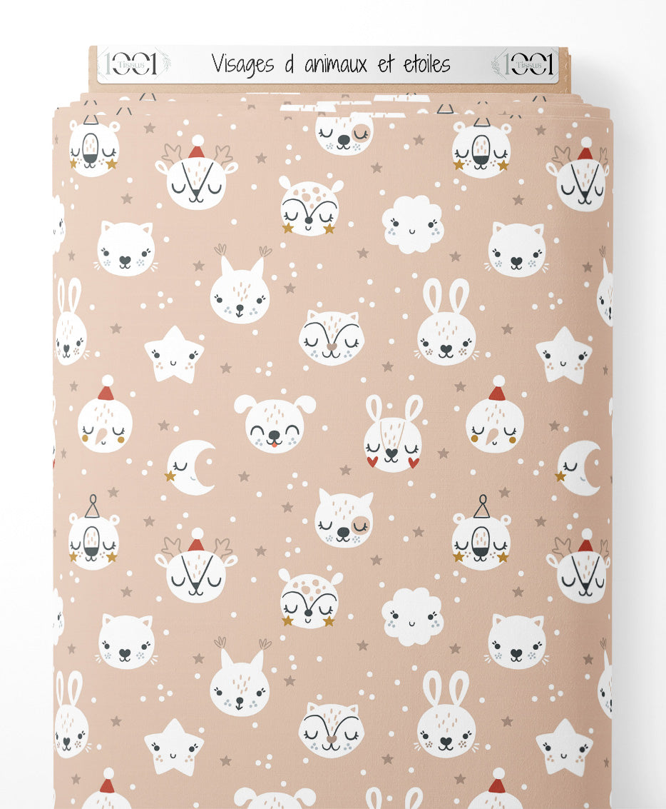Tissu - Visages d'animaux et étoiles