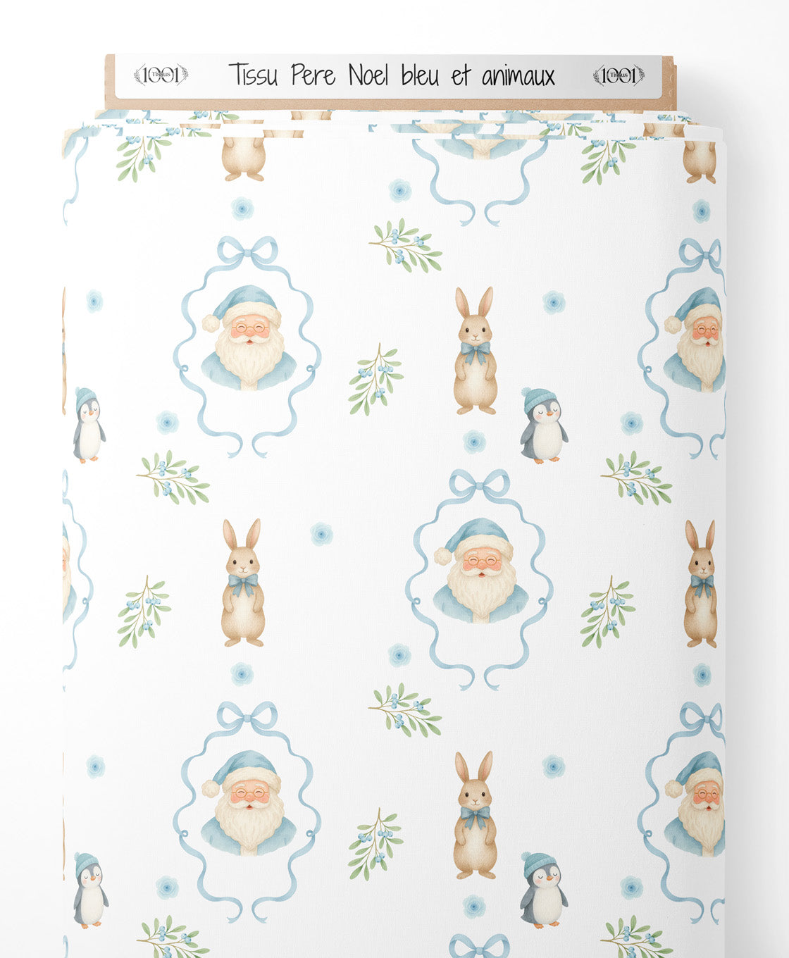 Tissu - Pere Noel bleu et animaux