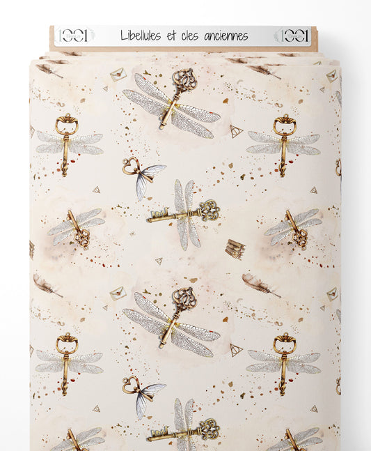 Tissu - Libellules et clés anciennes