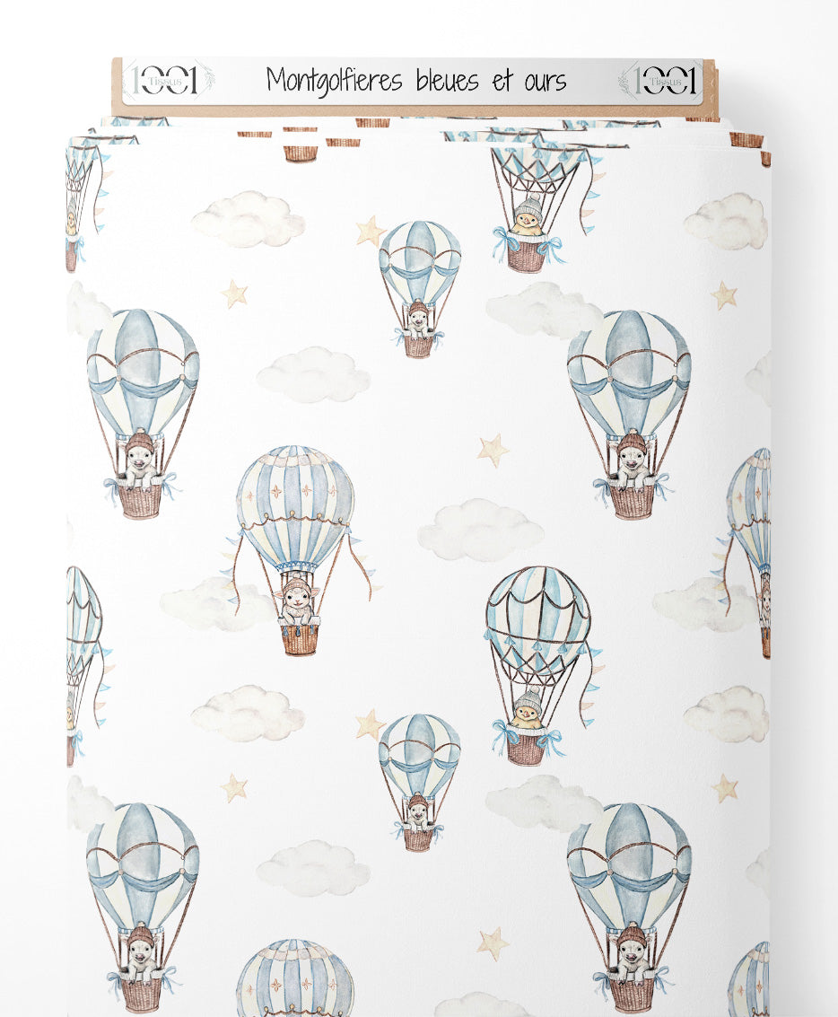 Tissu - Montgolfières bleues et ours