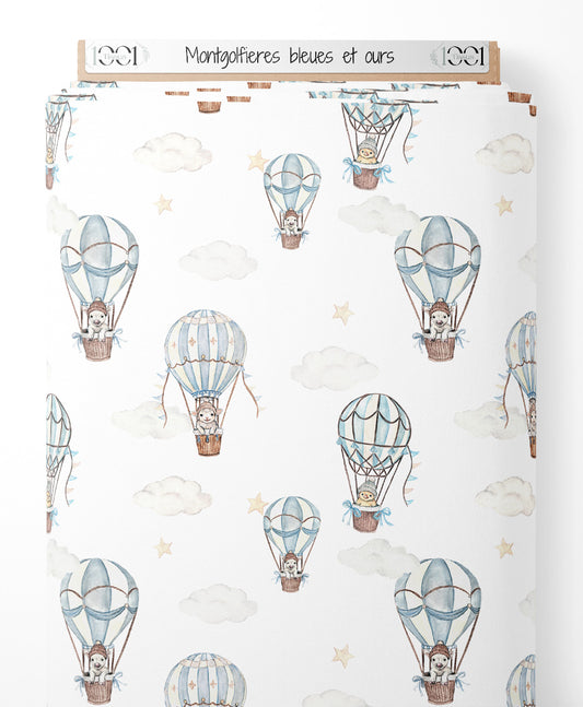 Tissu - Montgolfières bleues et ours