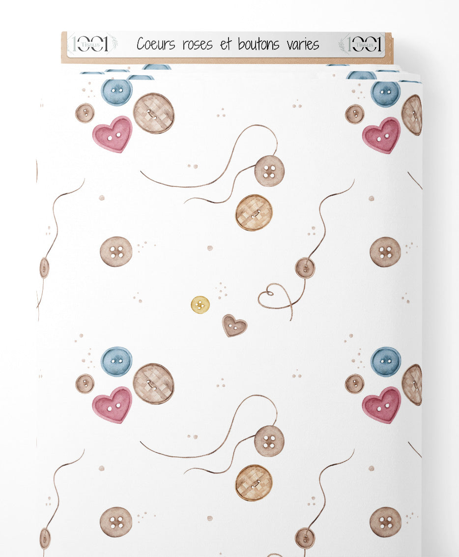 Tissu - Cœurs roses et boutons variés