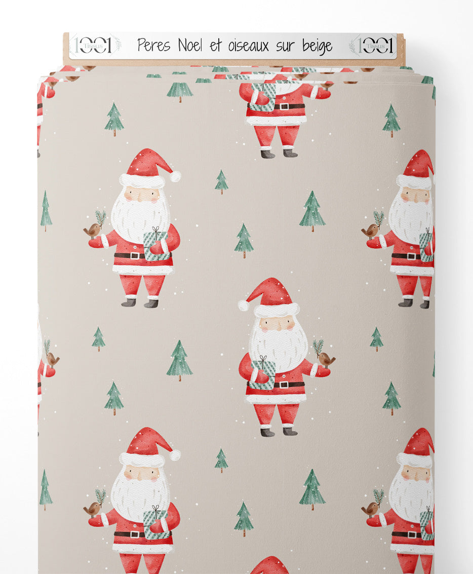 Tissu - Pères Noël et oiseaux sur beige