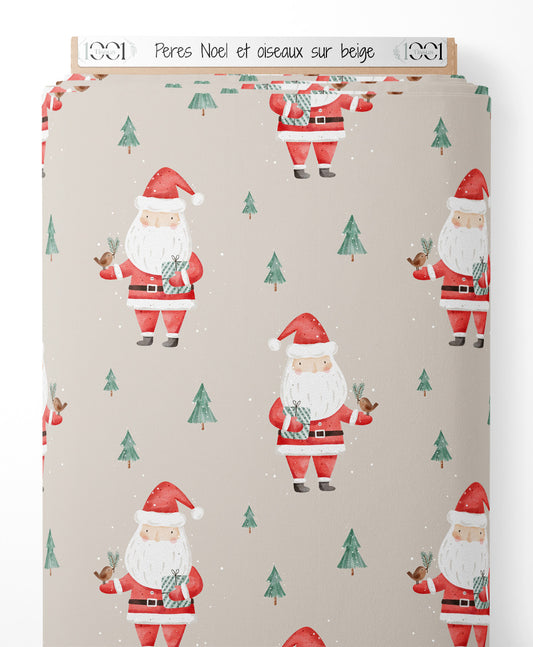 Tissu - Pères Noël et oiseaux sur beige