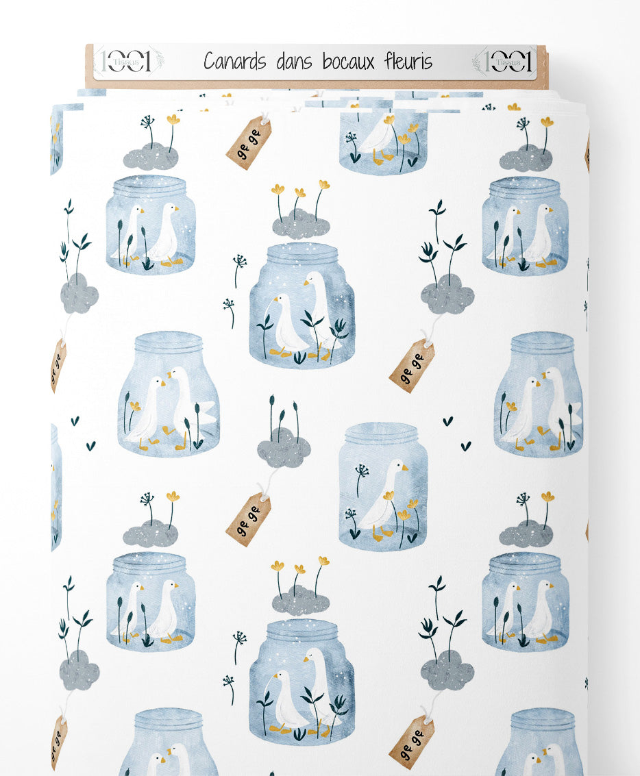 Tissu - Canards dans bocaux fleuris
