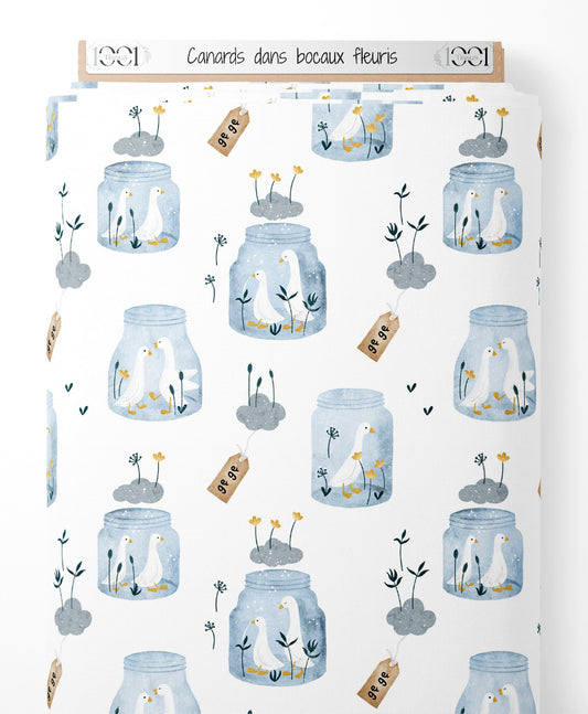 Tissu - Canards dans bocaux fleuris