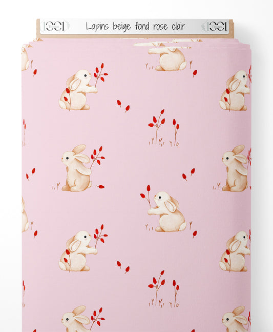 Tissu - Lapins beige sur fond rose clair