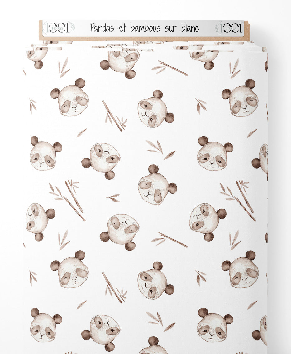 Tissu - Pandas et bambous sur blanc