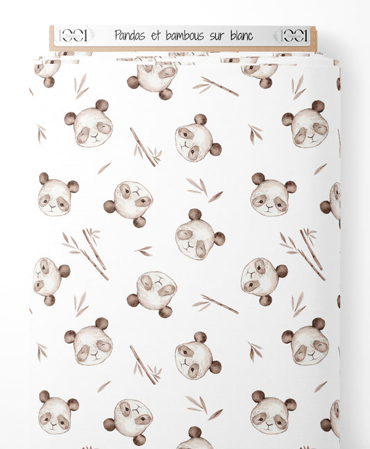 Tissu - Pandas et bambous sur blanc
