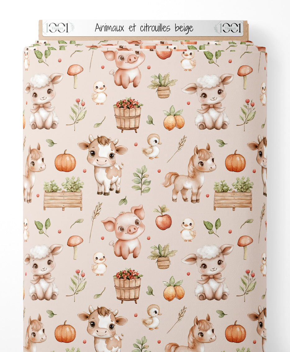 Tissu - Animaux et citrouilles beige