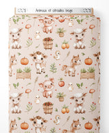 Tissu - Animaux et citrouilles beige