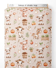 Tissu - Animaux et citrouilles beige