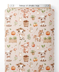 Tissu - Animaux et citrouilles beige