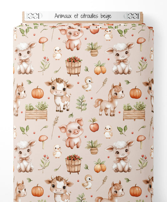 Tissu - Animaux et citrouilles beige