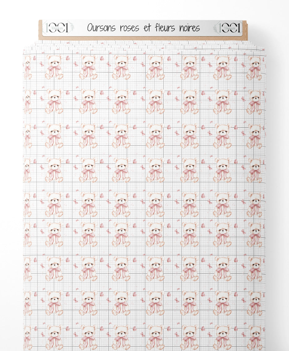 Tissu - Oursons roses et fleurs noires