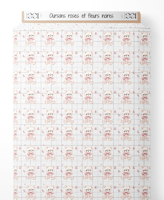 Tissu - Oursons roses et fleurs noires