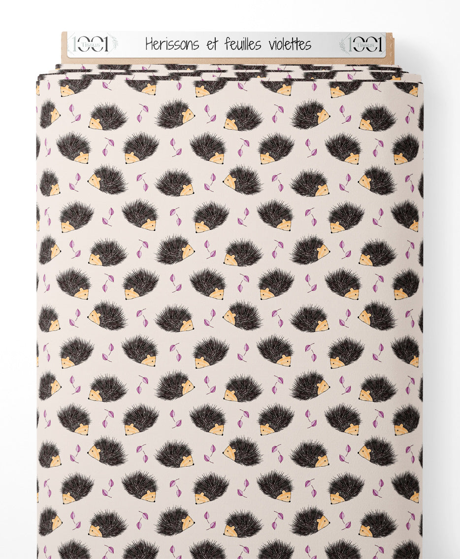 Tissu - Hérissons et feuilles violettes