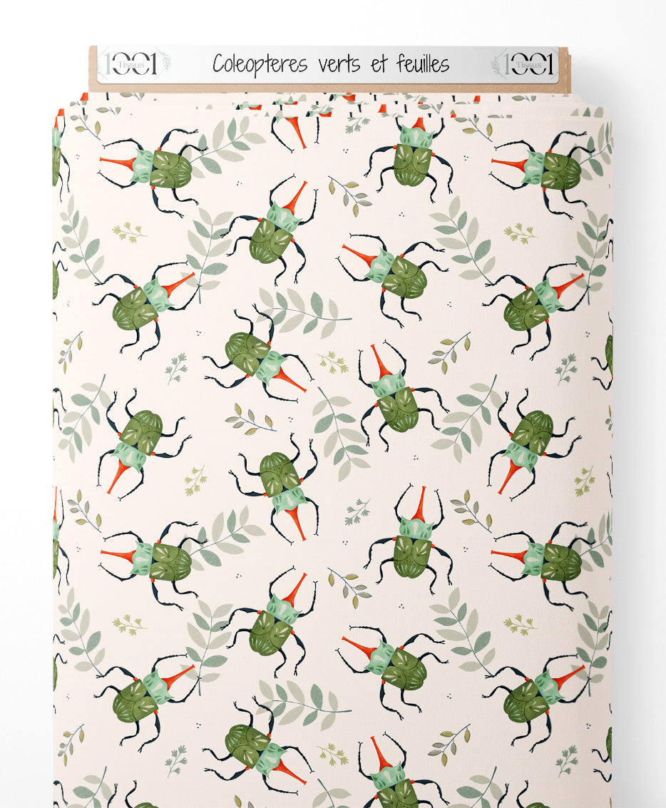 Tissu - Coléoptères verts et feuilles