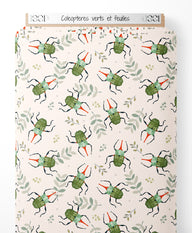 Tissu - Coléoptères verts et feuilles