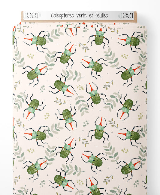 Tissu - Coléoptères verts et feuilles
