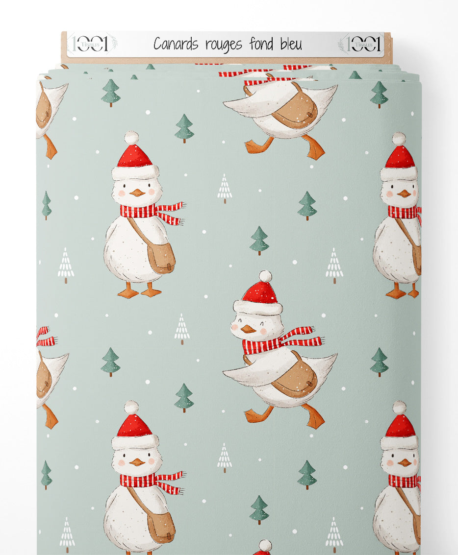 Tissu - Canards rouges sur fond bleu