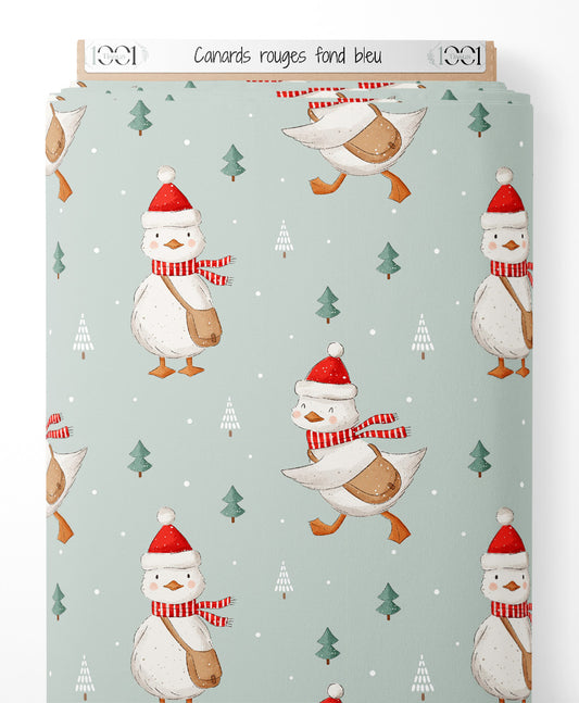 Tissu - Canards rouges sur fond bleu