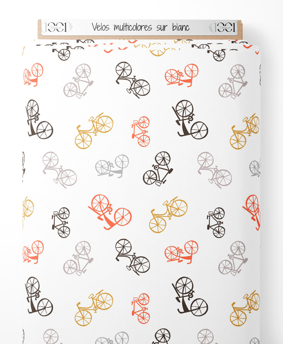 Tissu - Vélos multicolores sur blanc