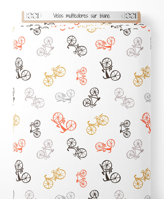 Tissu - Vélos multicolores sur blanc