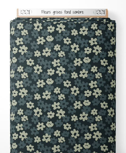 Tissu - Fleurs grises sur fond sombre