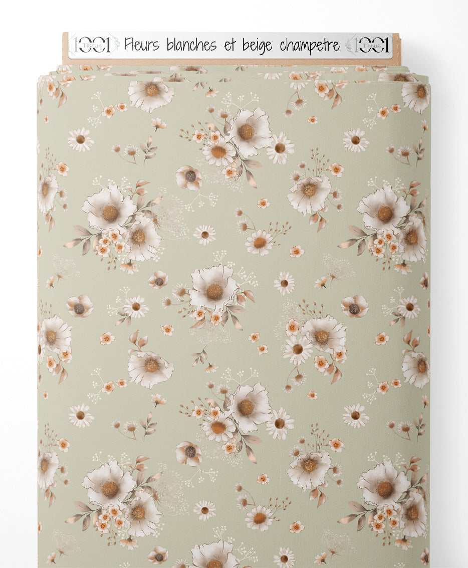 Tissu - Fleurs blanches et beige champêtre