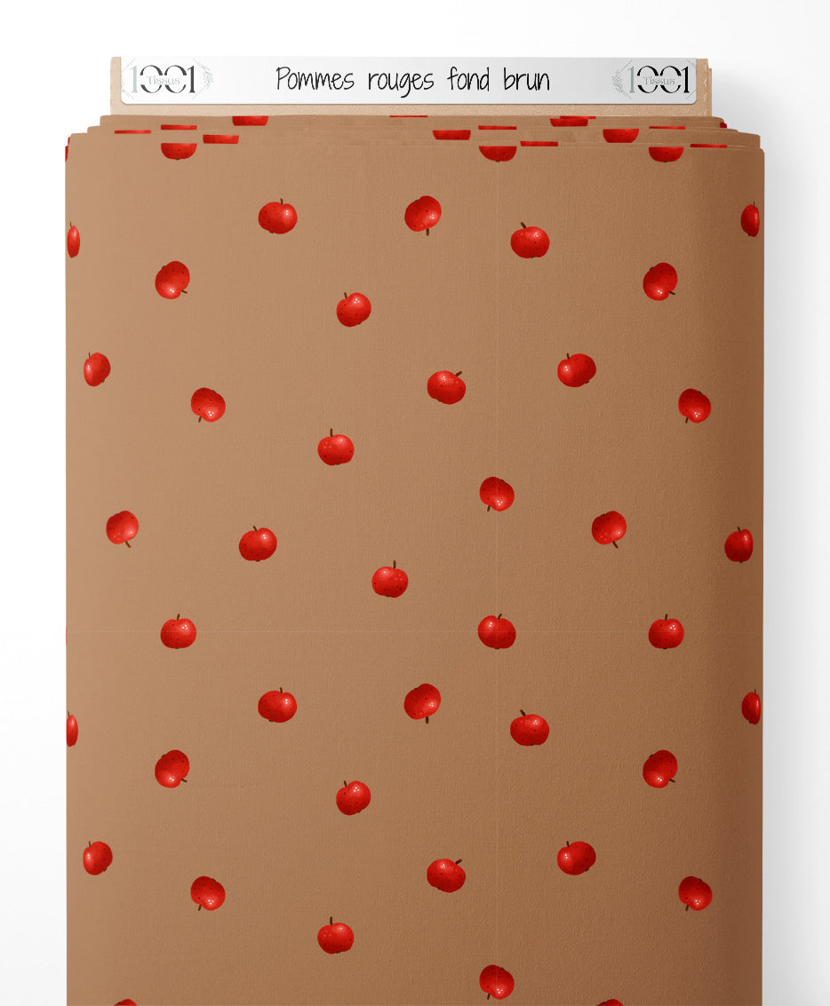 Tissu - Pommes rouges sur fond brun