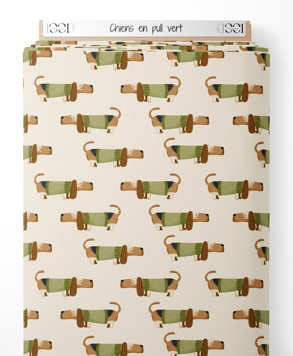 Tissu - Chiens en pull vert