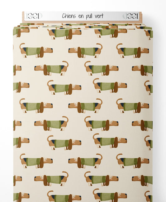 Tissu - Chiens en pull vert