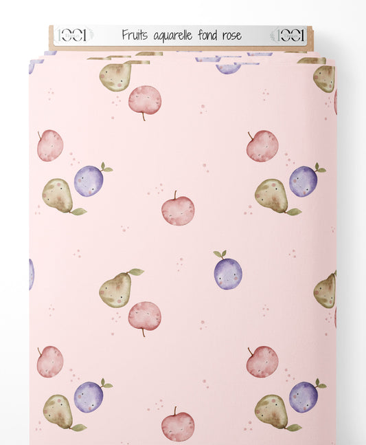 Tissu - Fruits aquarelle fond rose