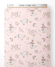 Tissu - Canards et lapins roses
