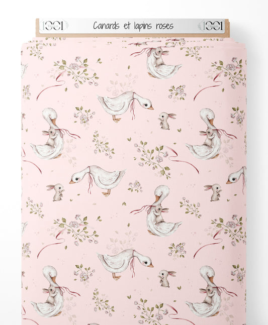 Tissu - Canards et lapins roses