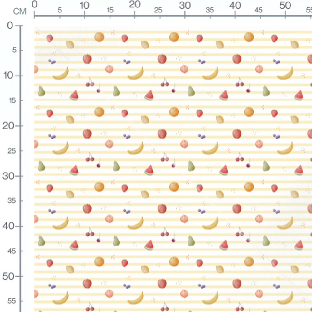 Tissu - Fruits colorés sur rayures jaunes