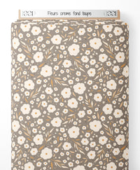 Tissu - Fleurs crème sur fond taupe