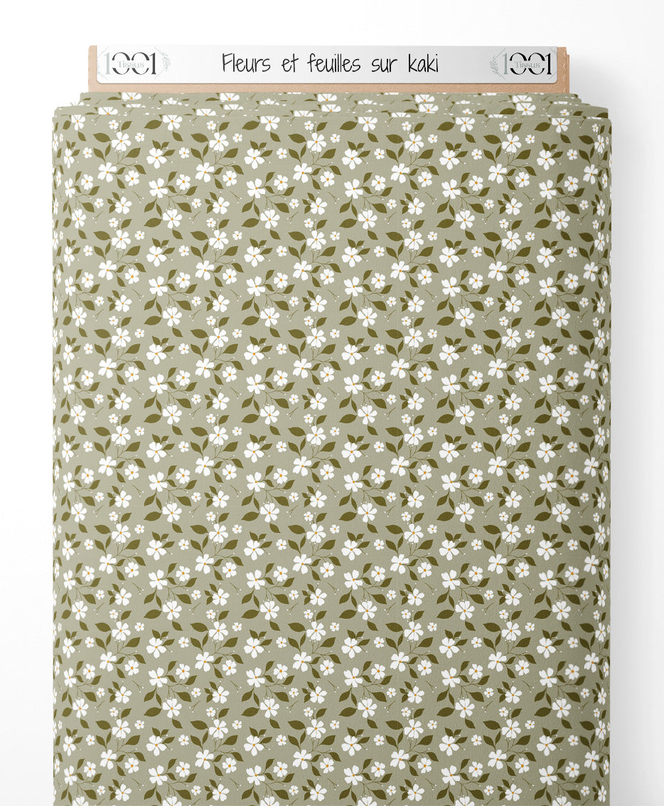 Tissu - Fleurs et feuilles sur kaki