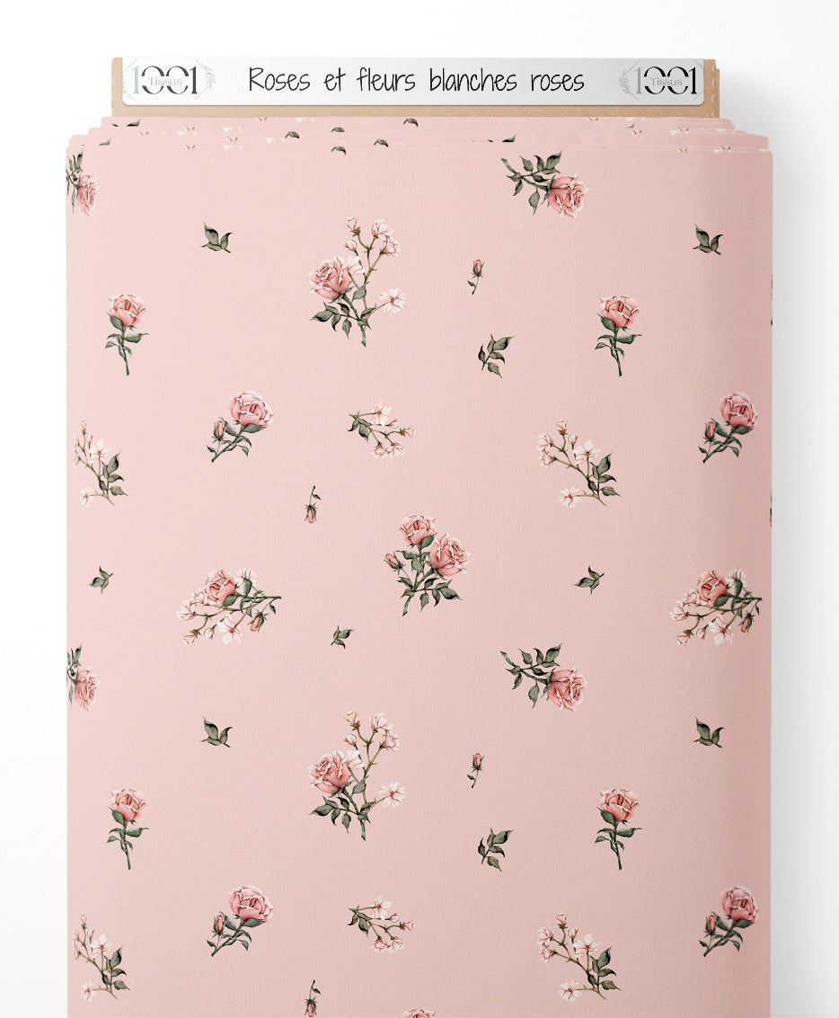Tissu - Roses et fleurs blanches roses