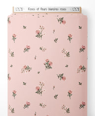 Tissu - Roses et fleurs blanches roses