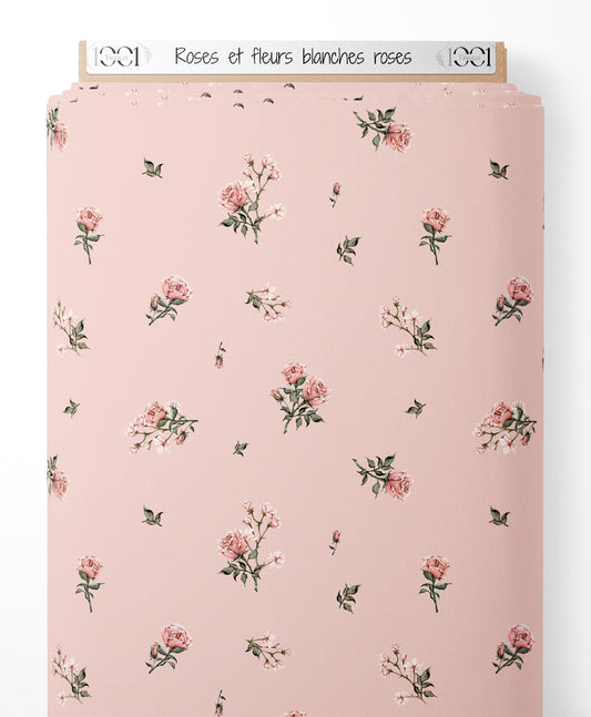 Tissu - Roses et fleurs blanches roses