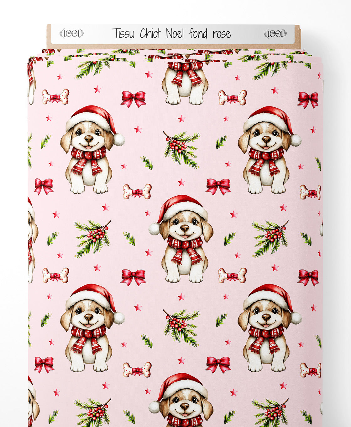 Tissu - Chiot Noel fond rose