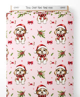 Tissu - Chiot Noel fond rose