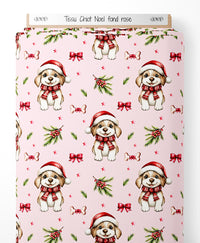 Tissu - Chiot Noel fond rose