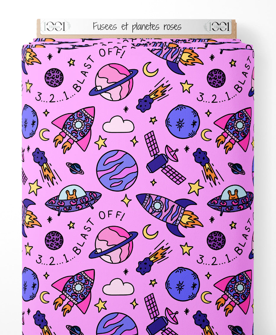 Tissu - Fusées et planètes roses