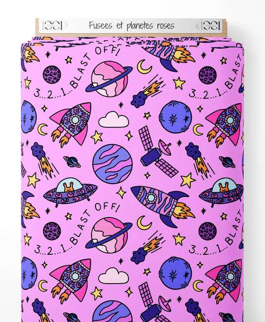 Tissu - Fusées et planètes roses