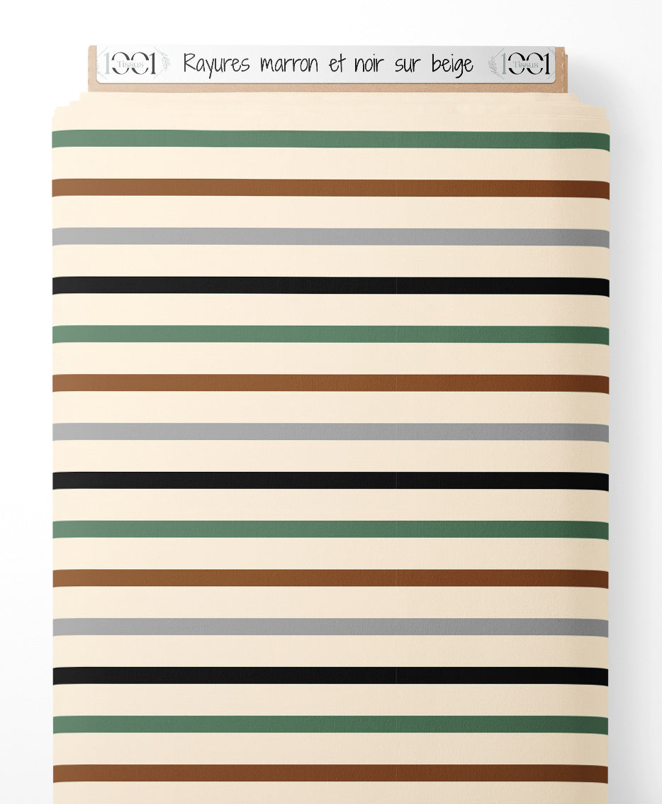 Tissu - Rayures marron et noir sur beige
